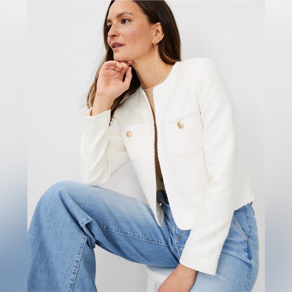 Ann Taylor Tweed Trimmed Patch Pocket Jacket Winter White - Picture 4 of 16